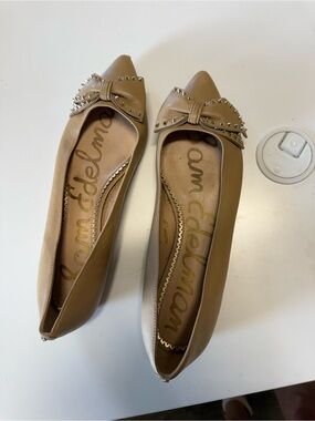 Sam Edelman Tan Pointed Toe Bow Flats with Studs